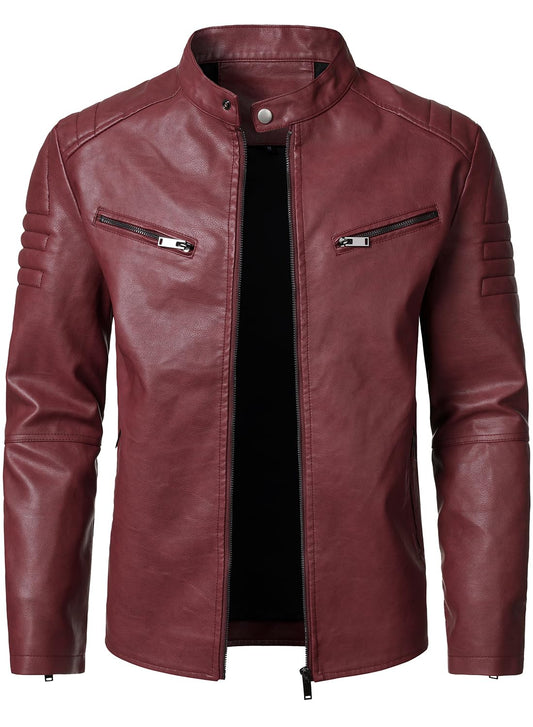 HOOD CREW Men’s Faux Leather Motorcycle Jackets Stand-up Collar Leather Jacket Vintage Coats Outwear Red M