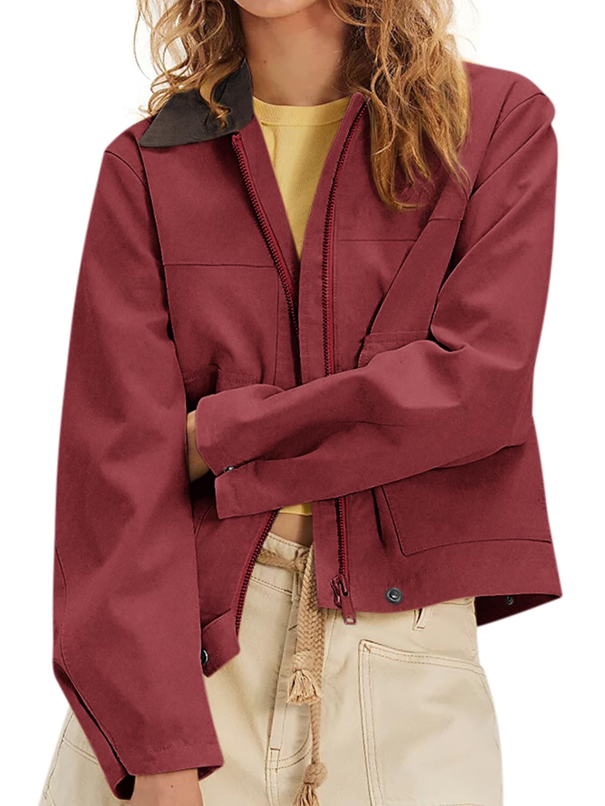 COCCKO Jackets for Women 2026 Full Zip Up Contrast Collar Crop Jacket Casual Trendy Bomber Coat Red L