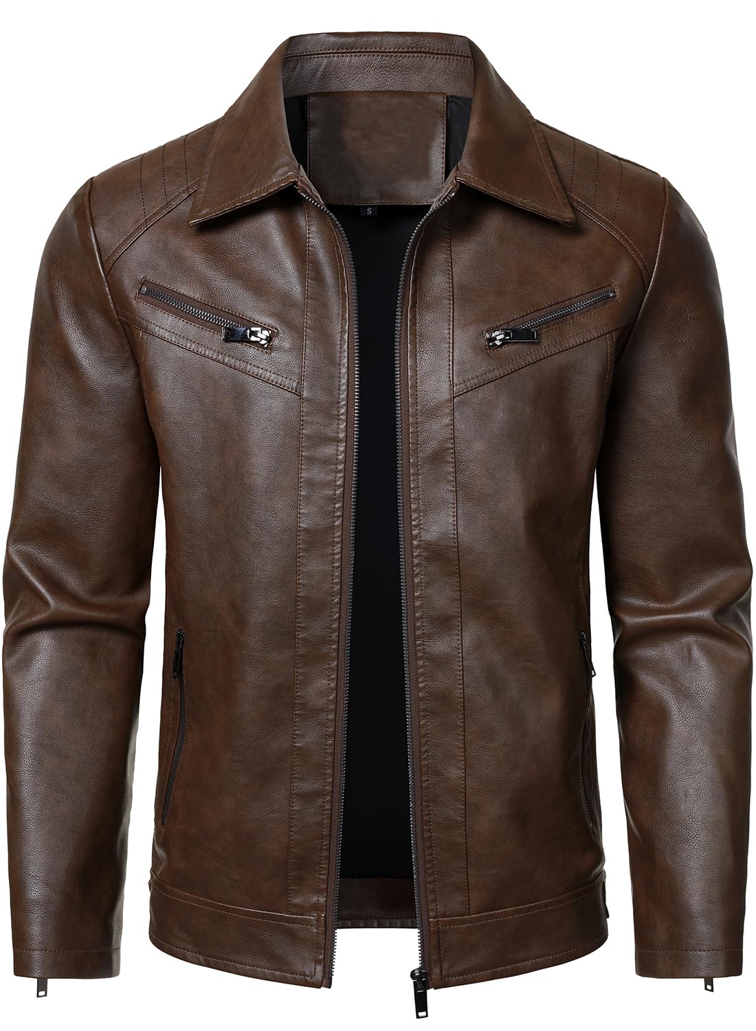 HOOD CREW Mens PU Leather Jacket Classic Style Turn Down Collar Faux Leather Biker Jackets Coffee M