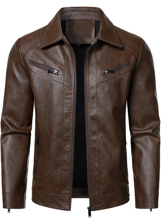 HOOD CREW Mens PU Leather Jacket Classic Style Turn Down Collar Faux Leather Biker Jackets Coffee M
