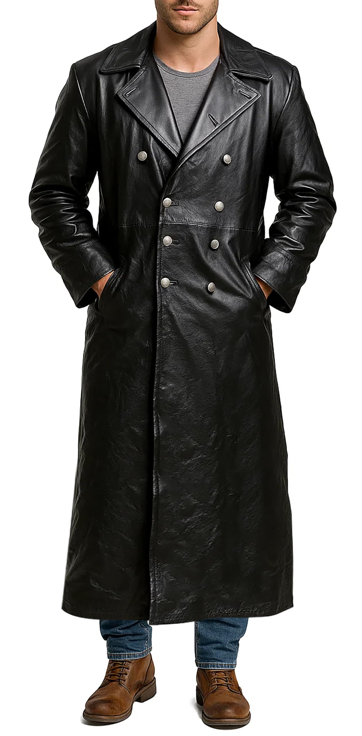 UGFashions Mens Genuine Leather German Military Officer Trench Coat