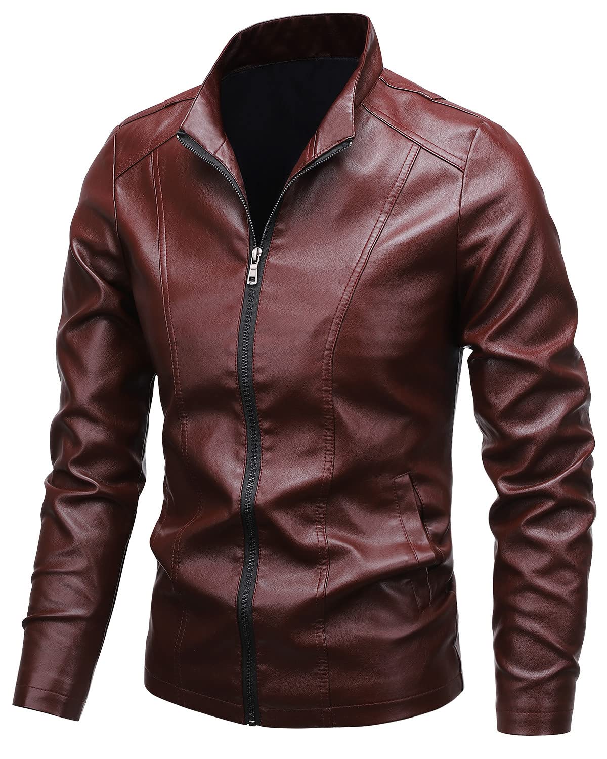 Fairylinks Leather Jacket Men Casual Zip Up, Burgundy, Small
