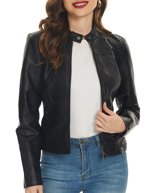 Fahsyee Black Faux Leather Jackets for Women Zip Up Motorcycle Short PU Moto Biker Outwear Fitted Slim Coat Size M