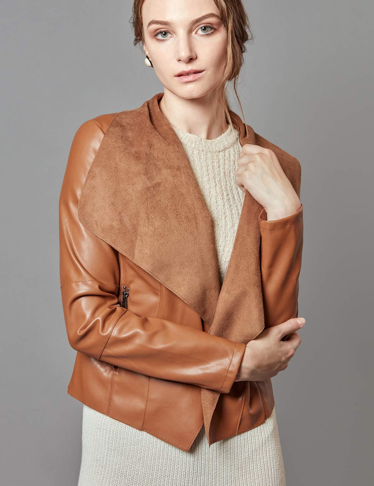 Escalier Women's Faux Leather Jackets Slim Open Front Lapel Blazer Jackets Brown Large