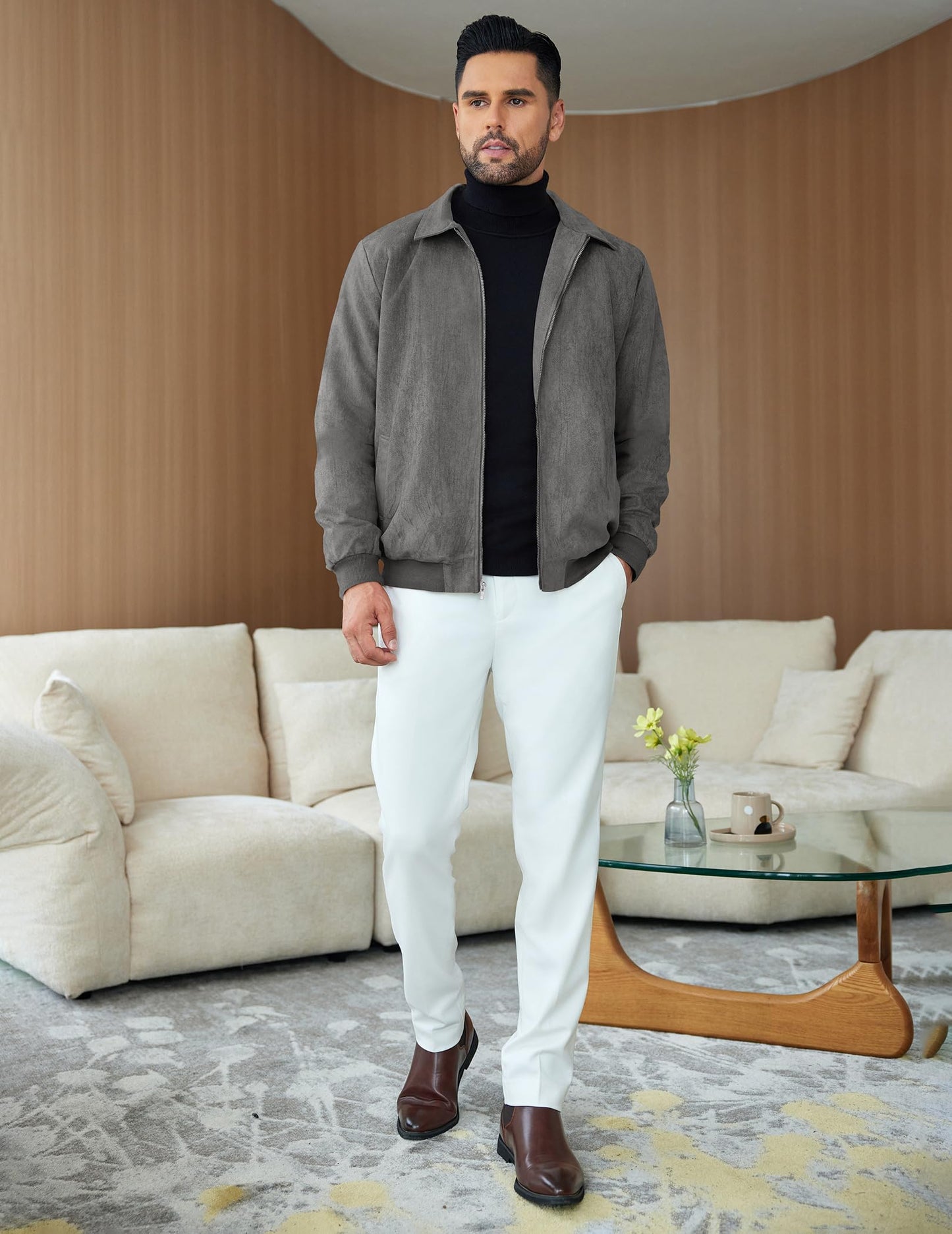 COOFANDY Mens Suede Jacket Casual Stylish Leather Bomber Jacket Lightweight
