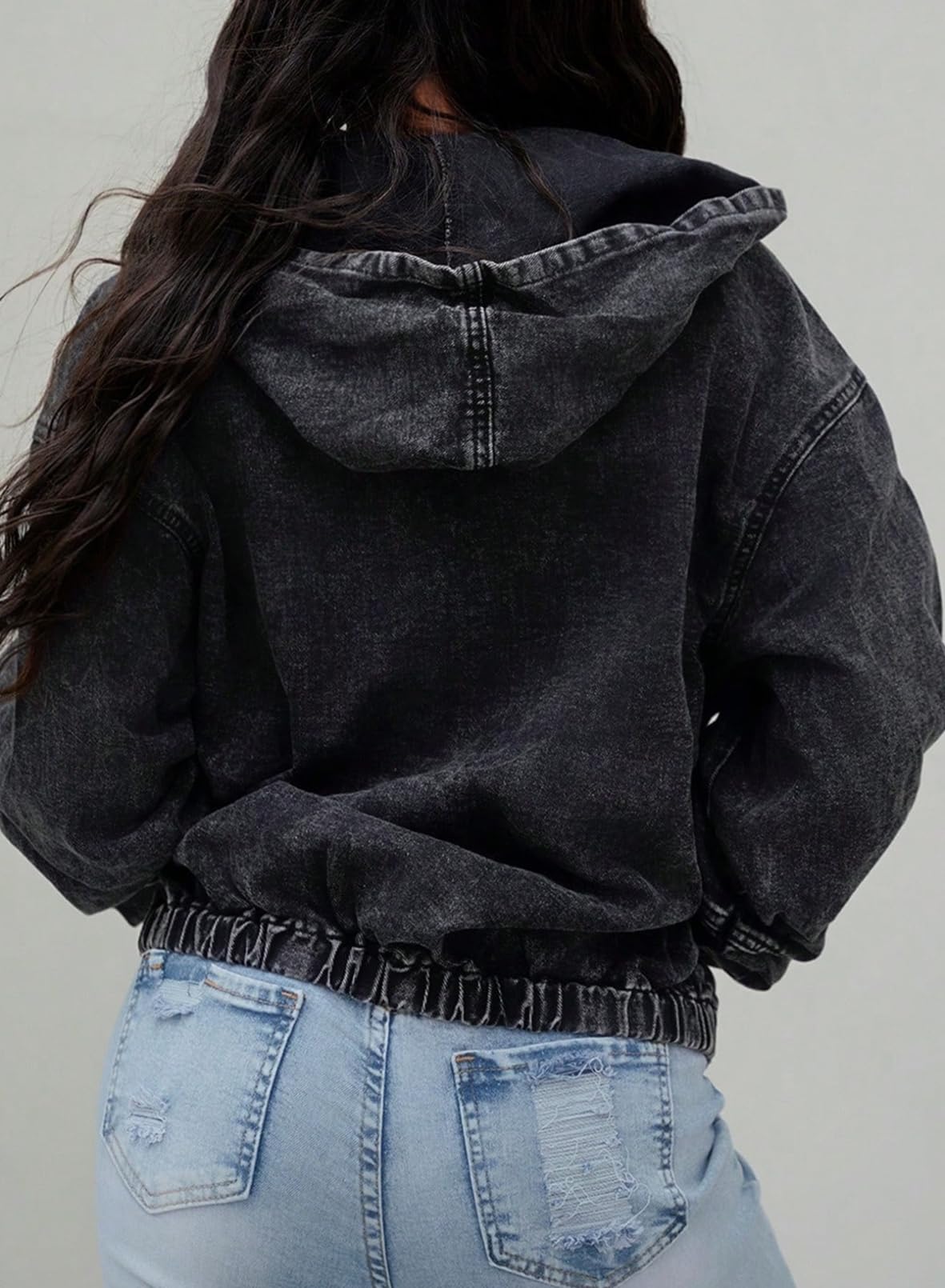 SHEWIN Jean Jacket Women Long Sleeve Womens Fall Jackets Cozy Denim Jacket Zipper Hooded Bomber Black Jacket Women Fall Clothes 2026 Color Black X-Large