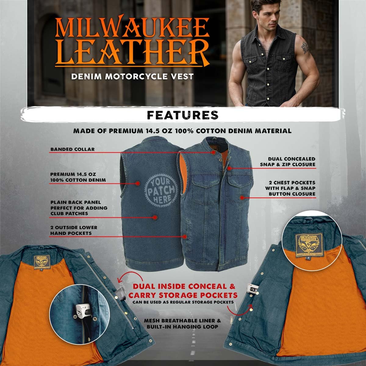 Milwaukee Leather Men's Classic Club Style Premium Denim Motorcycle Biker Vests MDM - 4X-Large