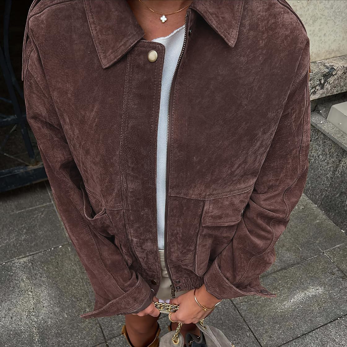 chouyatou Women Vintage Faux Suede Jacket Zip Up Bomber Jacket Lapel Collar Cropped Biker Moto Jacket Coat (XX-Large,Coffee)