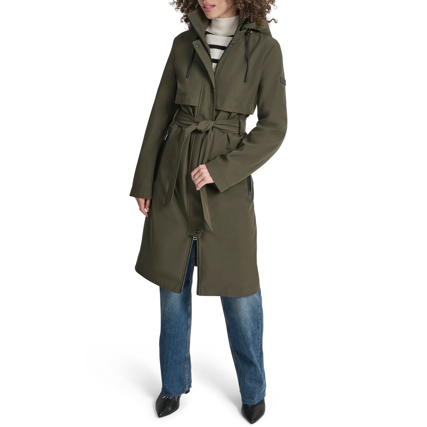 DKNY Women's Hooded Belted Trench Coat – Long Water-Resistant Lightweight Jacket with Pockets, Loden, XL