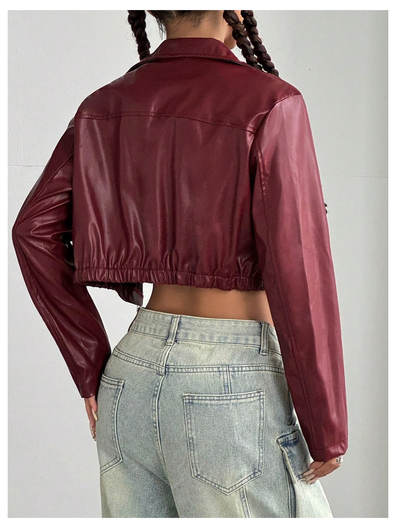 Verdusa Women's Motorcycle Leather Race Car Jacket Cropped Streetwear Lightweight Long Sleeve Outerwear Burgundy Medium
