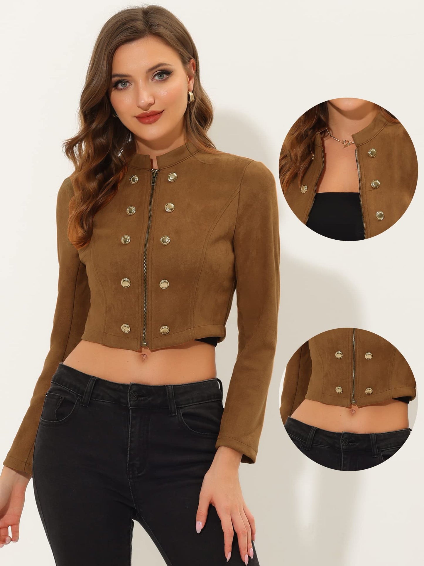 Allegra K Cropped Jacket for Women's Double Breasted Zip Up Faux Suede Jacket Medium Brown
