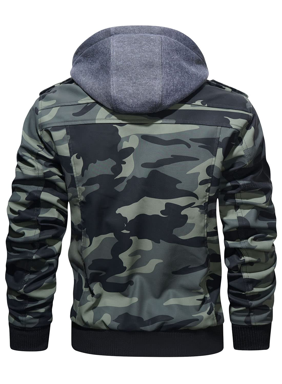 HOOD CREW Men’s Casual Stand Collar PU Faux Leather Zip-Up Motorcycle Bomber Jacket With a Removable Hood Camouflagegreen L
