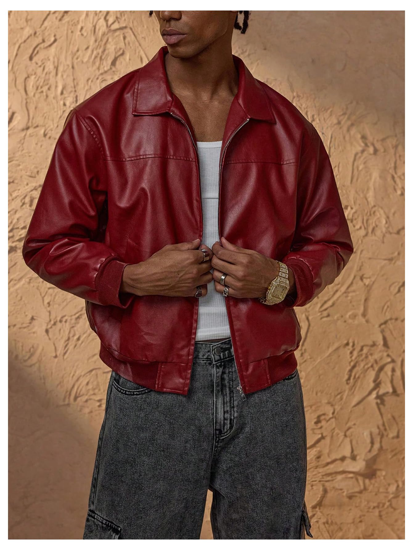 Verdusa Men's Leather Jacket Zip Up Collared Bomber Jackets with Pockets Red X-Large