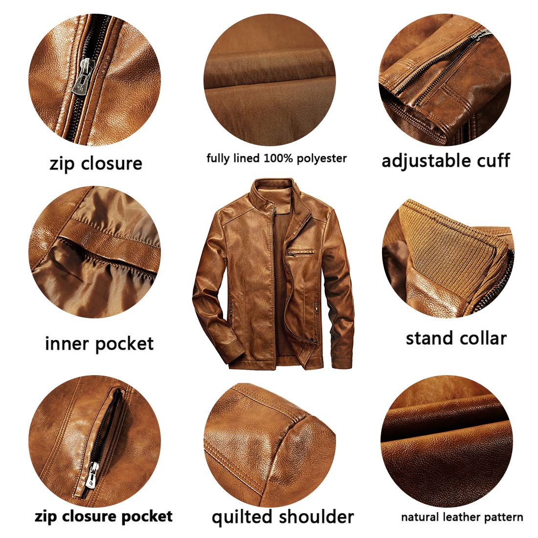 WULFUL Men's Stand Collar Leather Jacket Motorcycle Lightweight Faux Leather Outwear