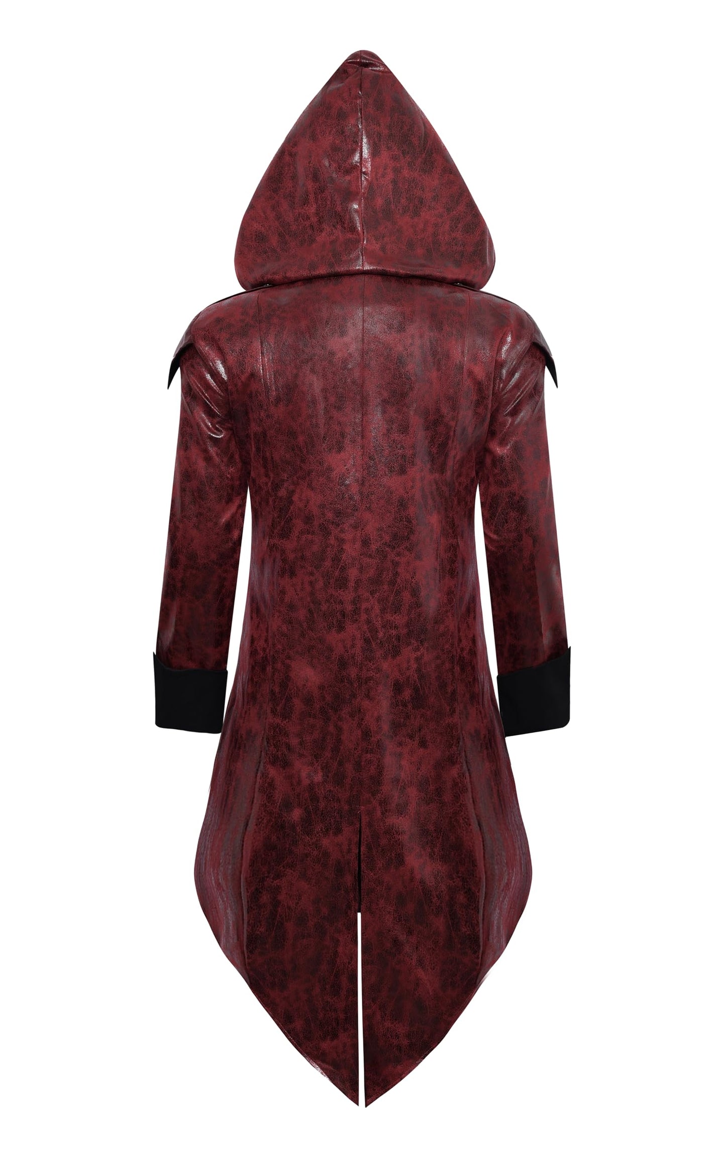 ZNZHKR Men‘s PU hooded Leather Steampunk Jacket Medieval Gothic Victorian Vampire Coat Tailcoat Gear Design Adjustable (Red, S)