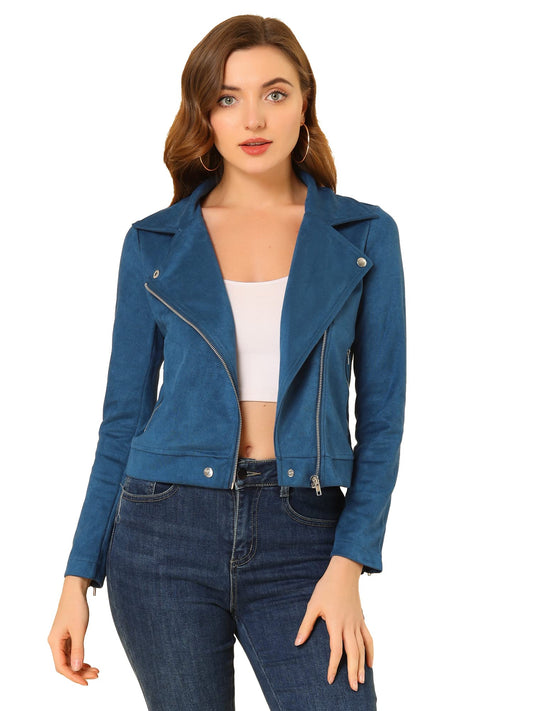 Allegra K Women Short Soft Zip Up Faux Suede Biker Moto Jacket Small Royal Blue