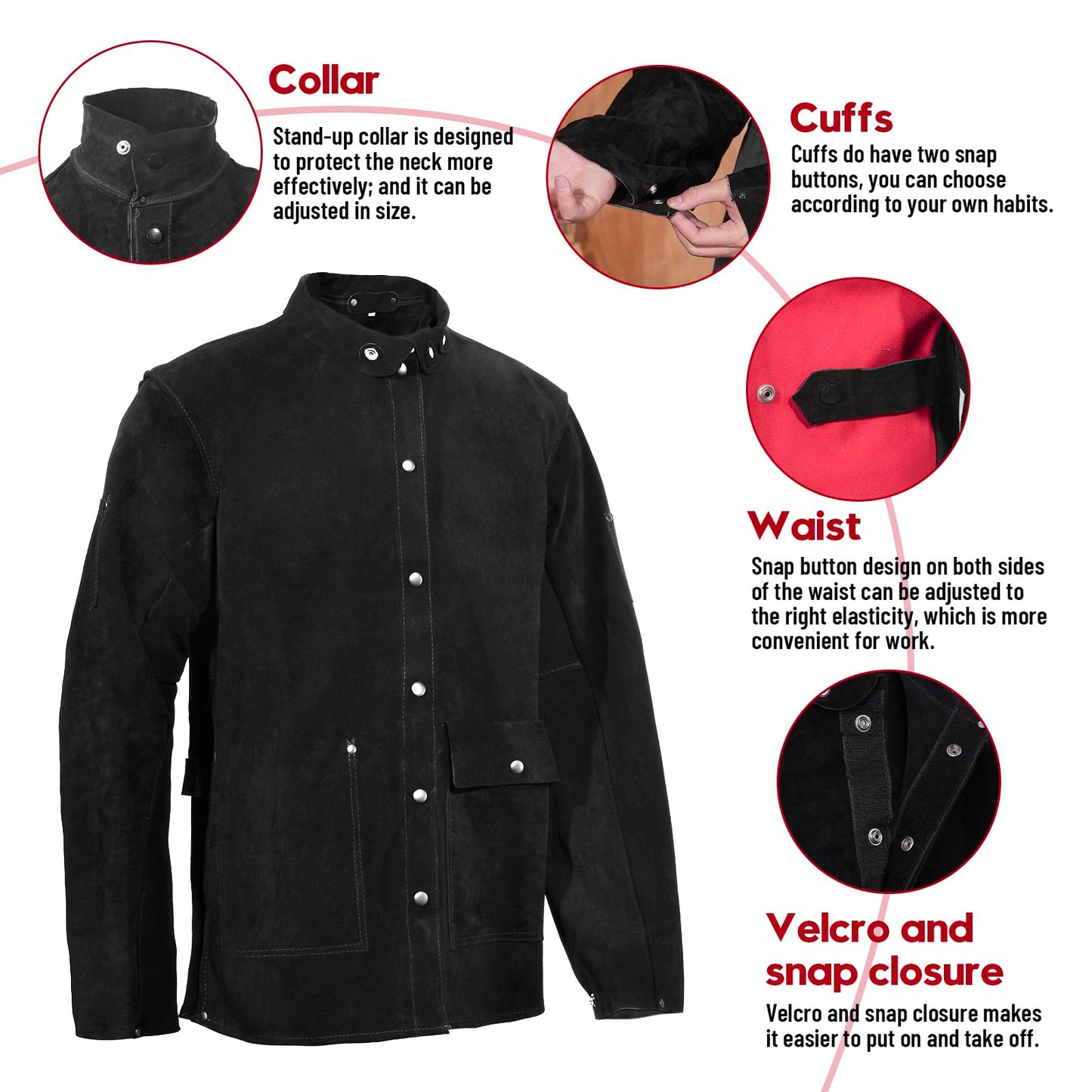 QeeLink Leather Welding Jacket - Heat & Flame-Resistant Heavy Duty Split Cowhide Leather FR Work Safety Jacket, Large, Black
