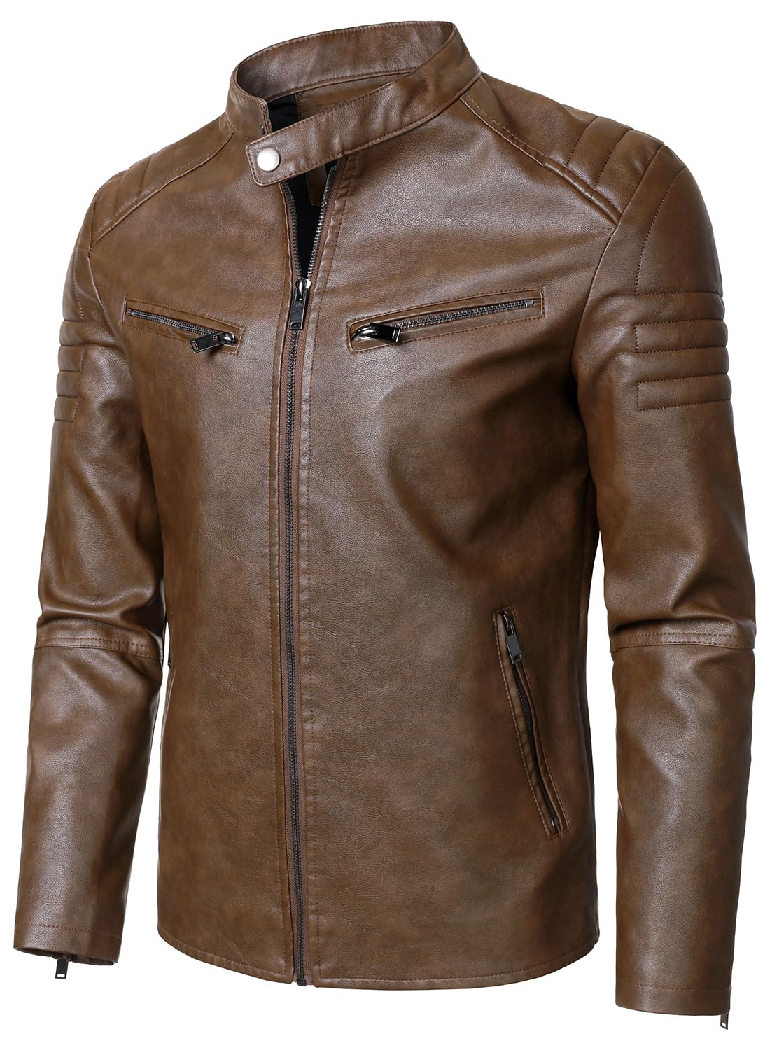 HOOD CREW Men’s Faux Leather Motorcycle Jackets Stand-up Collar Leather Jacket Vintage Coats Outwear Brown L