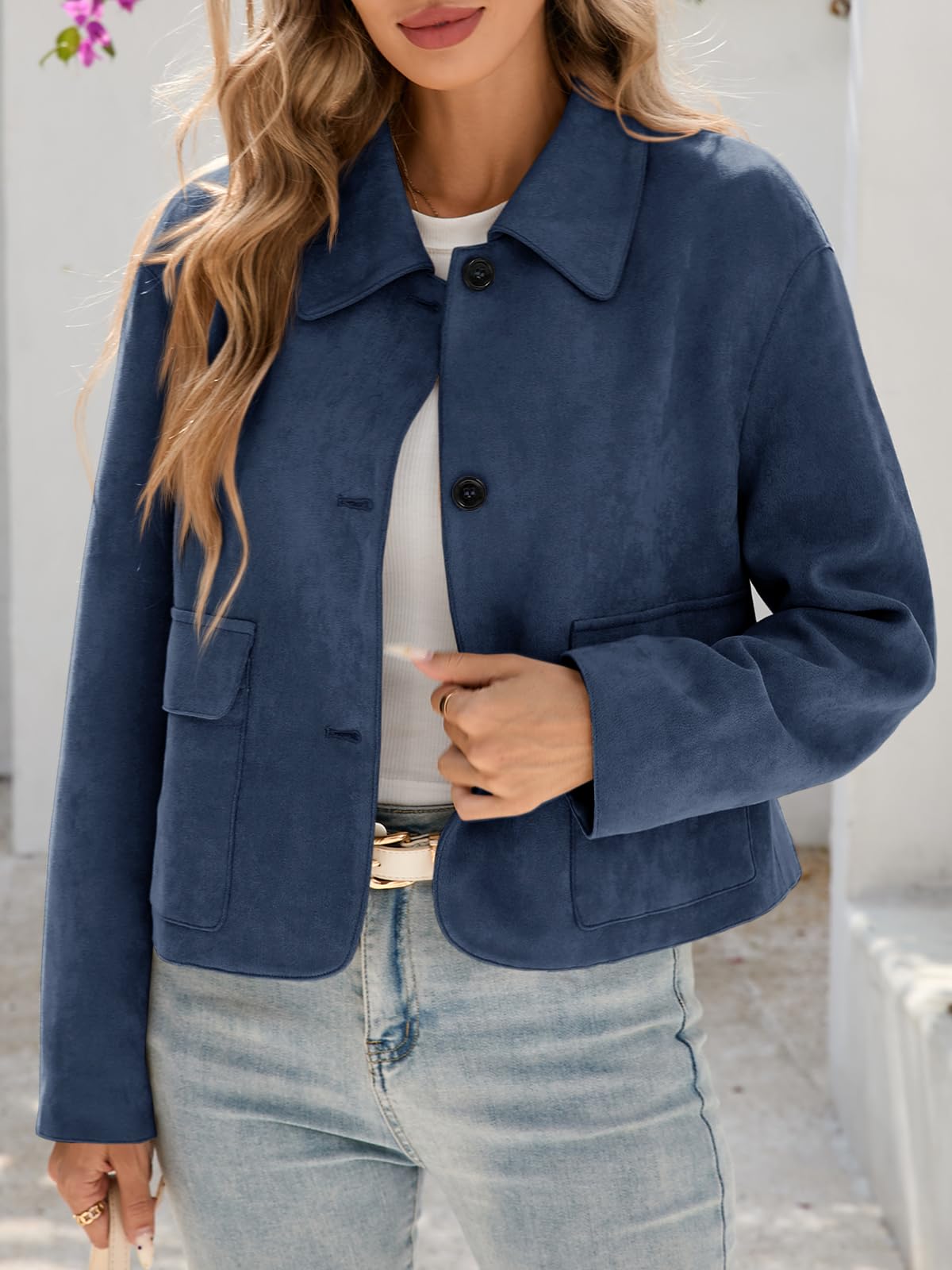 Tankaneo Womens Faux Suede Leather Jackets Casual Cropped Coats Vintage Button Down Shackets