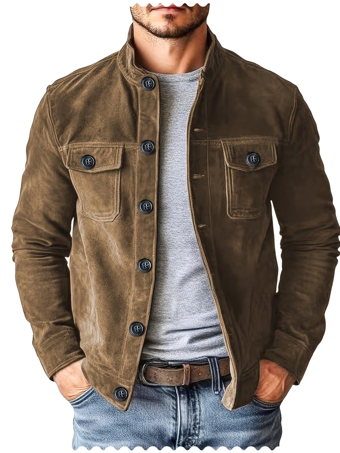 Men's Vintage Trucker Suede Jacket Lightweight Faux Leather Casual Western Blazer Sport Coat（Khaki，L）