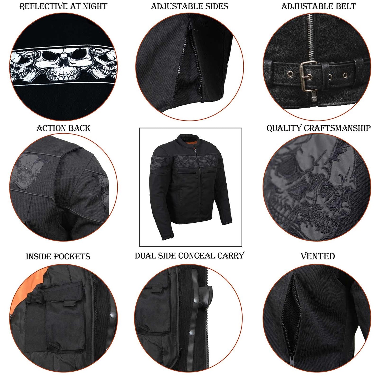 Milwaukee Leather MPM1730 Men's Black Padded Textile All Season Motorcycle Jacket w/Reflective Skulls Artwork - X-Large