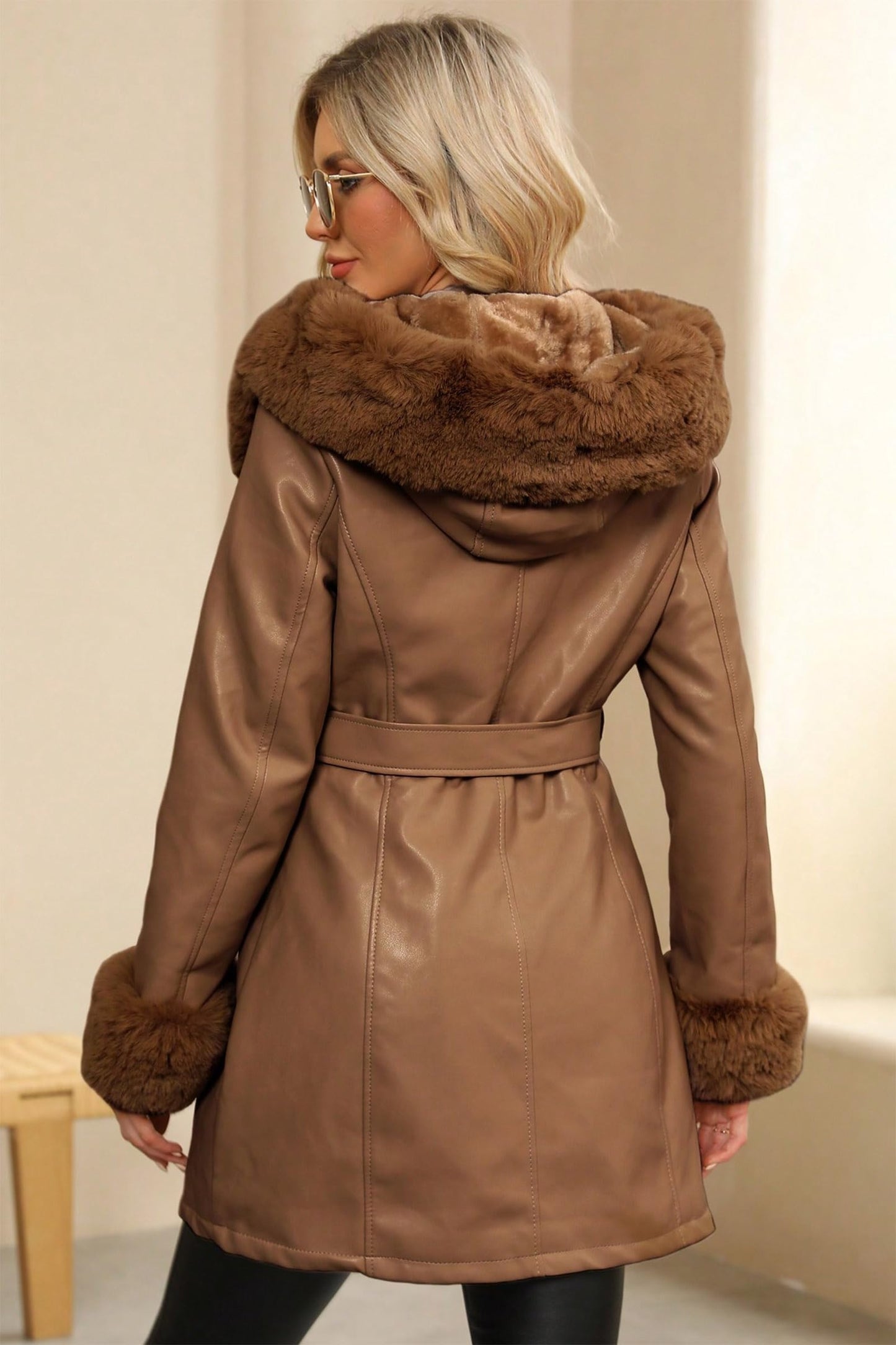 RISISSIDA Luxurious Fur Lined Faux Leather Jacket Women Winter Coat Hood Long Fur Collar Cuffs Zipper Up Pockets,Thick Warm Heavy Overcoat Belted Camel M