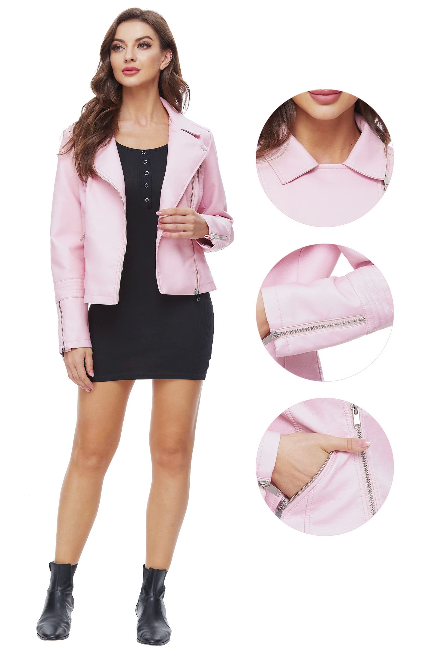Fahsyee Women's Pink Leather Jackets, Faux Motorcycle Bomber Moto Biker Plus Size Coat Short Lightweight Vegan Pleather Fashion L