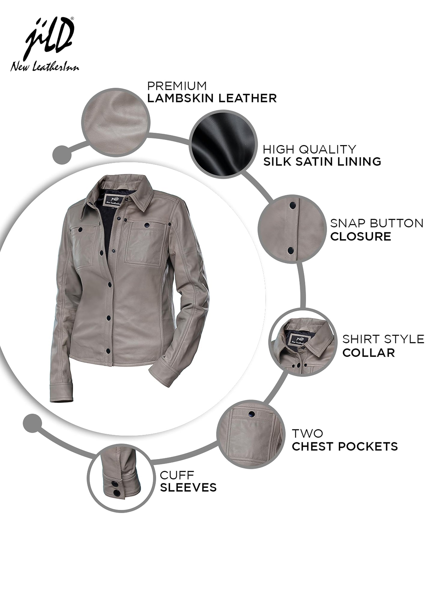 Jild Womens Button Front Lambskin Leather Jacket Shacket - Casual Shirt Long Sleeve Leather Jacket Women with Bust Pocket (Grey-L)