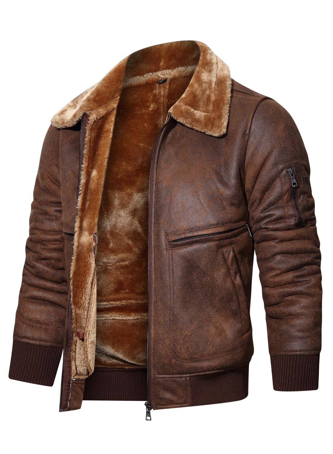 HOOD CREW Men’s Faux Fur Leather Jacket Autumn Winter Fleece Lined Coat Vintage Bomber Jacket Brown 2XL