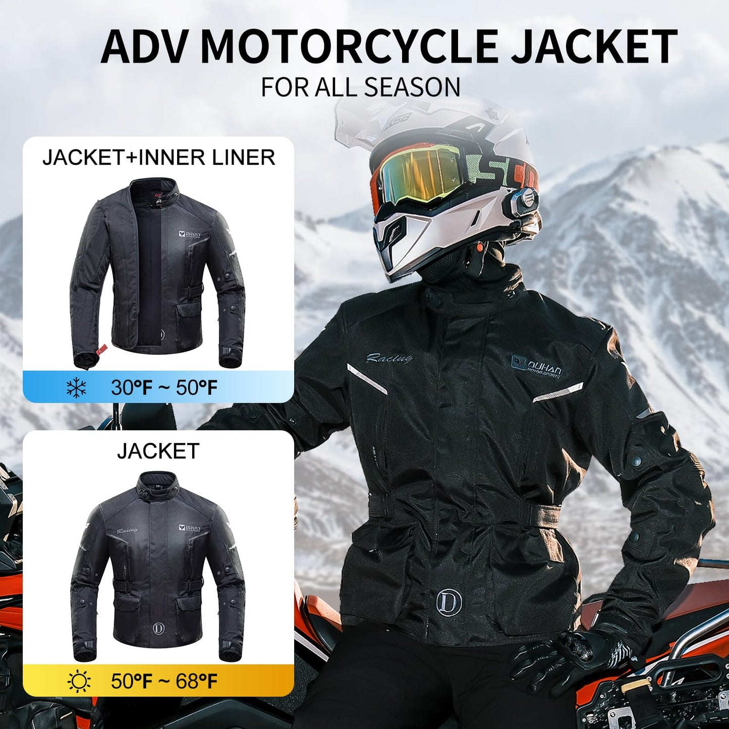 DUHAN Motorcycle Jacket Men, Waterproof Motorcycle Riding Jacket CE Level 2 Armor 3 In 1 Windproof biker Jacket Reflective with Detachable Thermal Liner for All Season Motorbike/Motorcross/Mtb/ADV