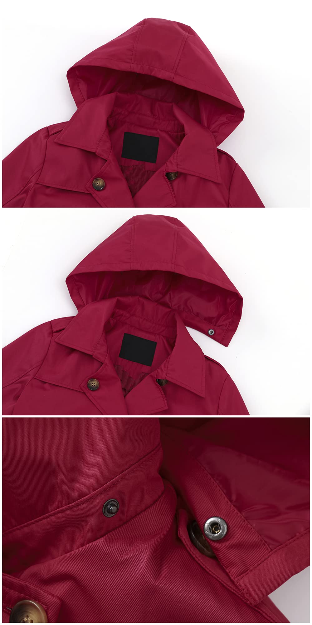 Chrisuno Mid Length Double Breasted Coat Women Lined Trench Coats for Waterproof Hooded Red M