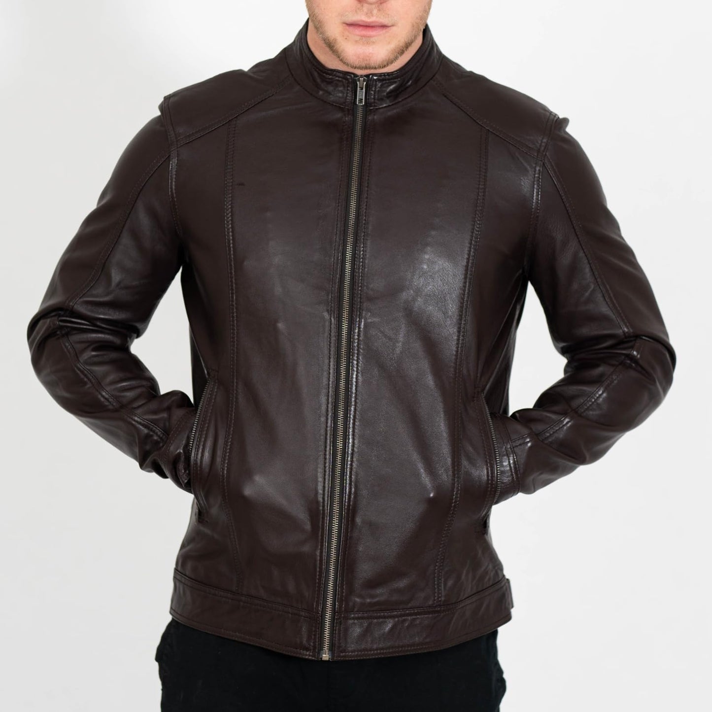 BRICK LANE Stand Collar Leather Jacket for Men | Timeless Design - Genuine Lamb Nappa Leather Cafe Racer Jacket (US, Alpha, X-Large, Regular, Regular, Brown)
