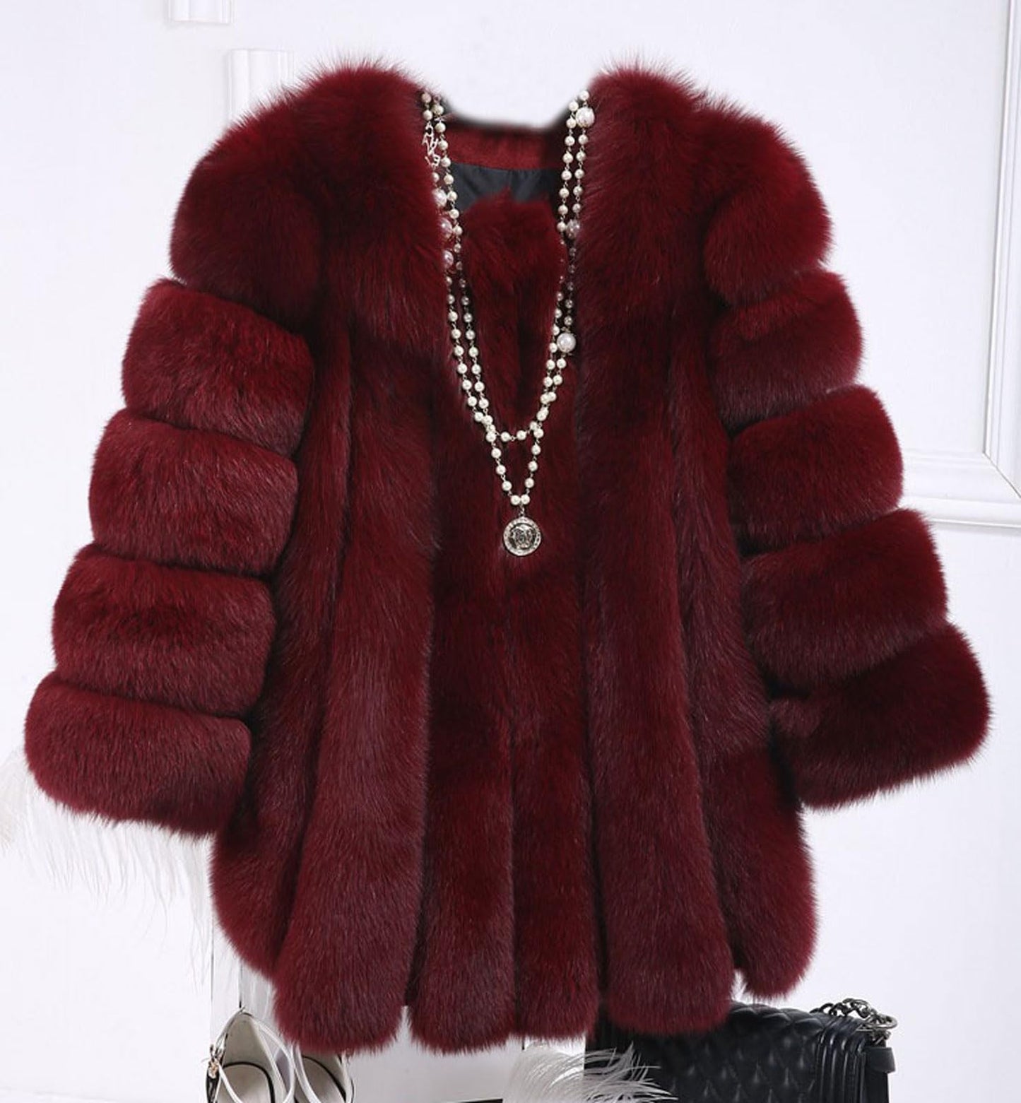 loveimgs Women Elegant Fuzzy Long Faux Fur Coat Puffer Jacket Collarless Parka Winter Zip Up Teddy Coat Overcoat (Medium, Burgundy)