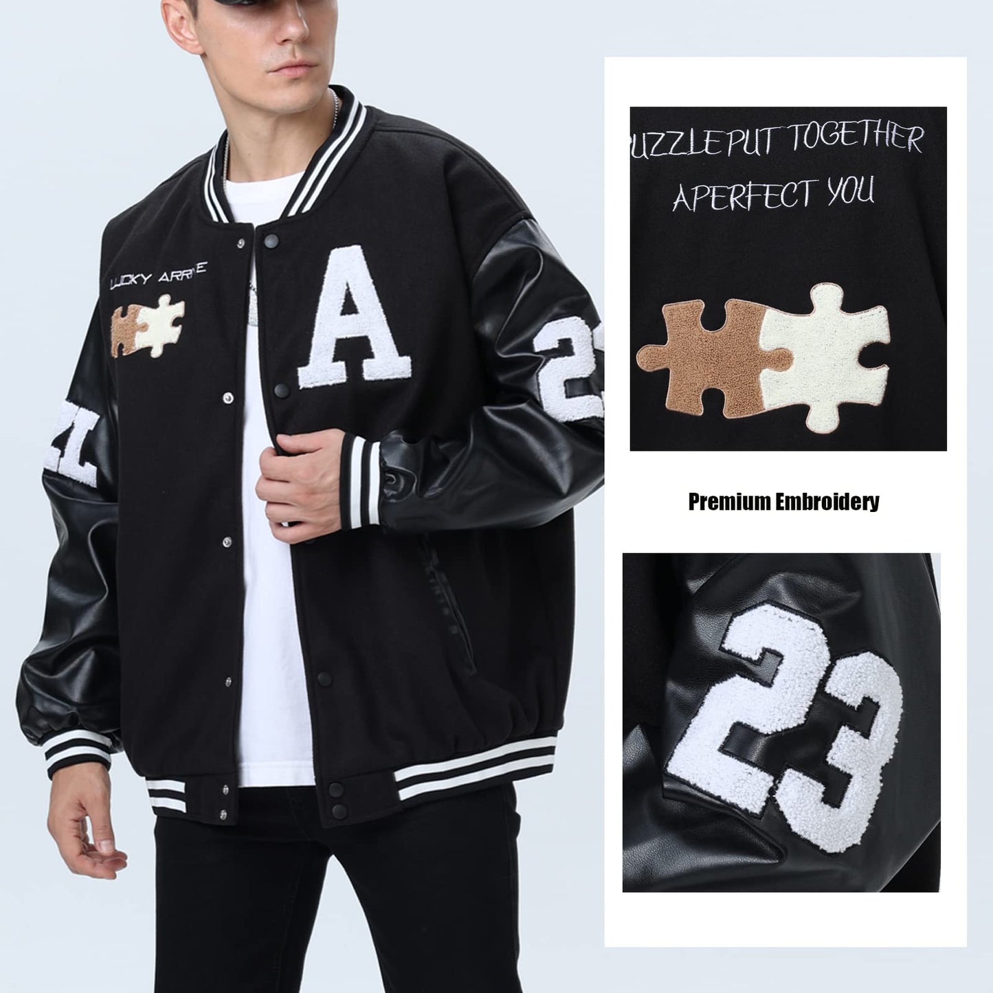 Moshtashio Mens Varsity College Jacket Baseball Bomber Jacket Vintage Sweatshirt Casual Unisex Streetwear Coats with Patch (1 Black, X-Large)