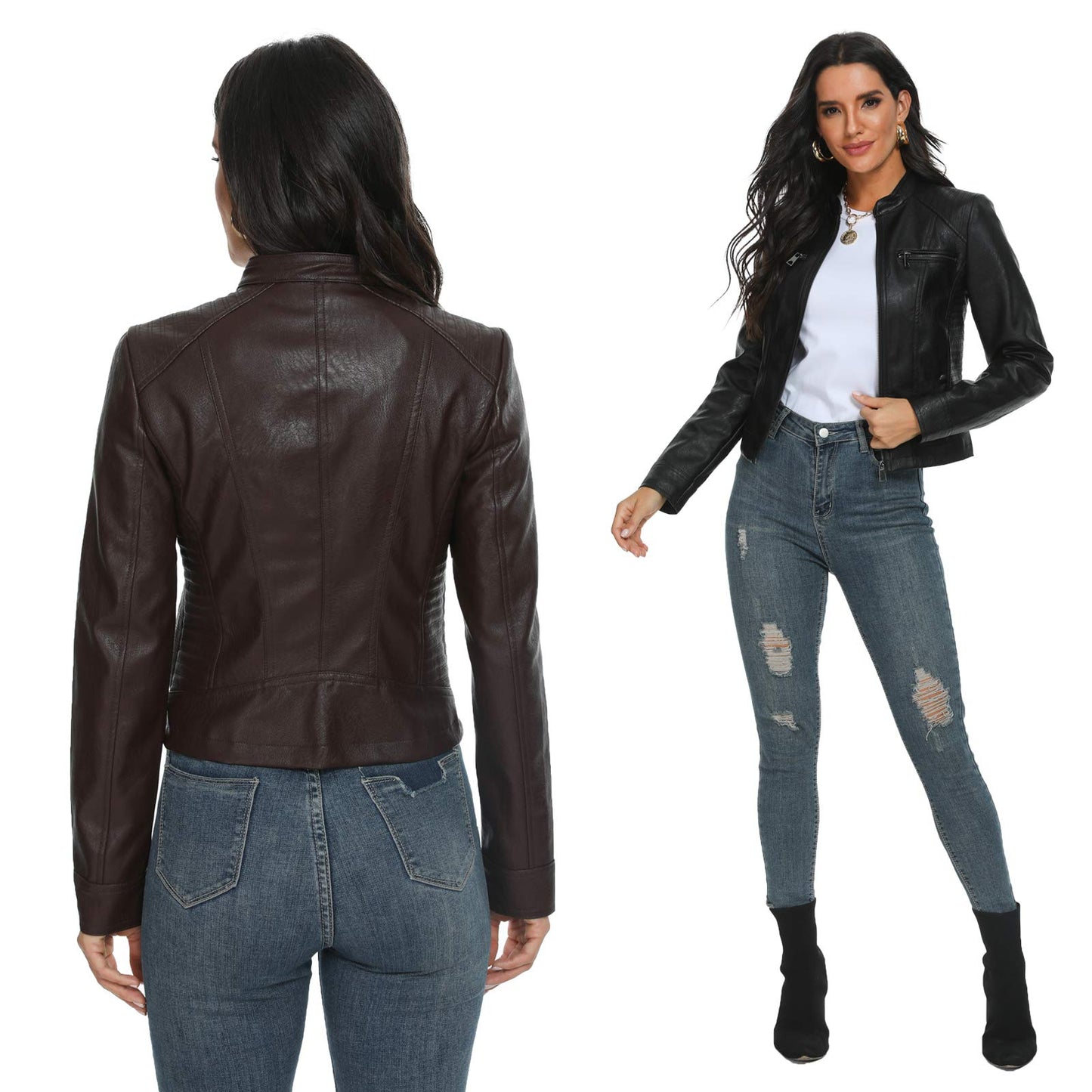 Fahsyee Faux Leather Jacket for Women, Moto Biker Slim Vegan MotorcycleZipper Coat Outwear, Black, Size M