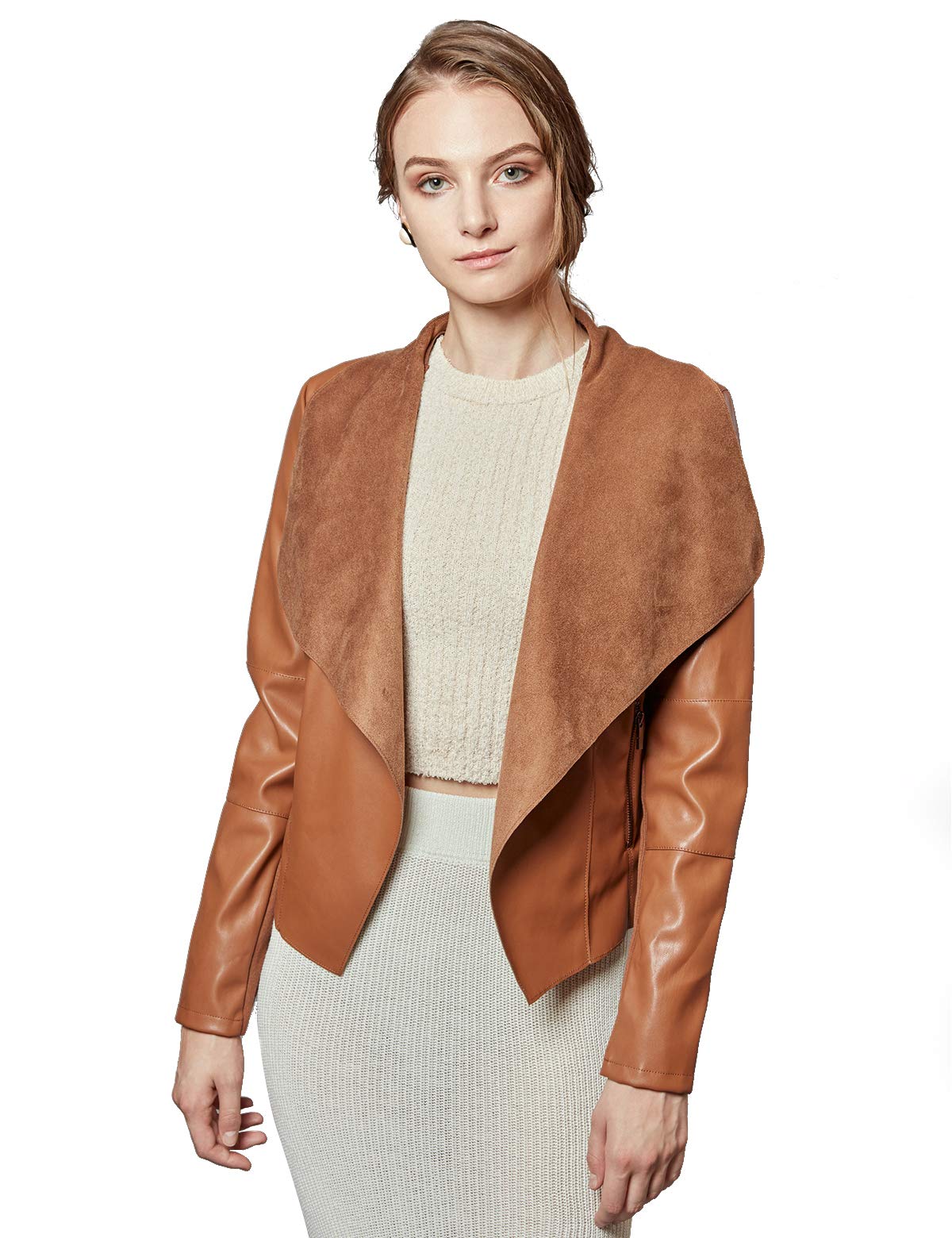 Escalier Women's Faux Leather Jackets Slim Open Front Lapel Blazer Jackets Brown Large