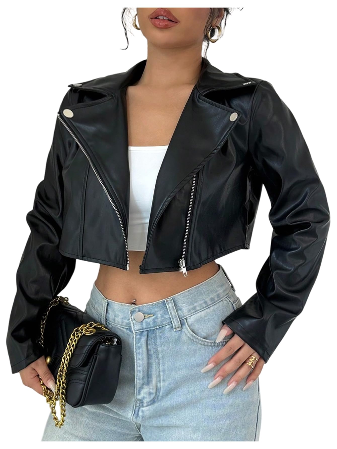 OYOANGLE Women's PU Leather Cropped Jacket Zip Up Motorcycle Jackets Coat Black Small