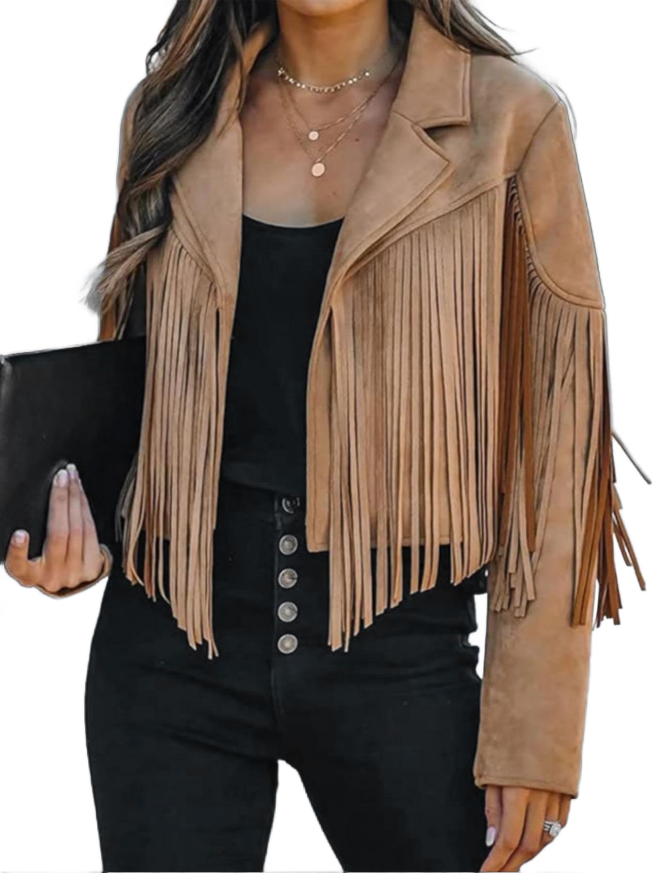 Bibowa Faux Suede Leather Jackets For Women Trendy Cowgirl Outfits Fall Western Fringe Cropped Jacket 2026 Tassel Motorcycle Crop Coats Winter Dark Khaki L