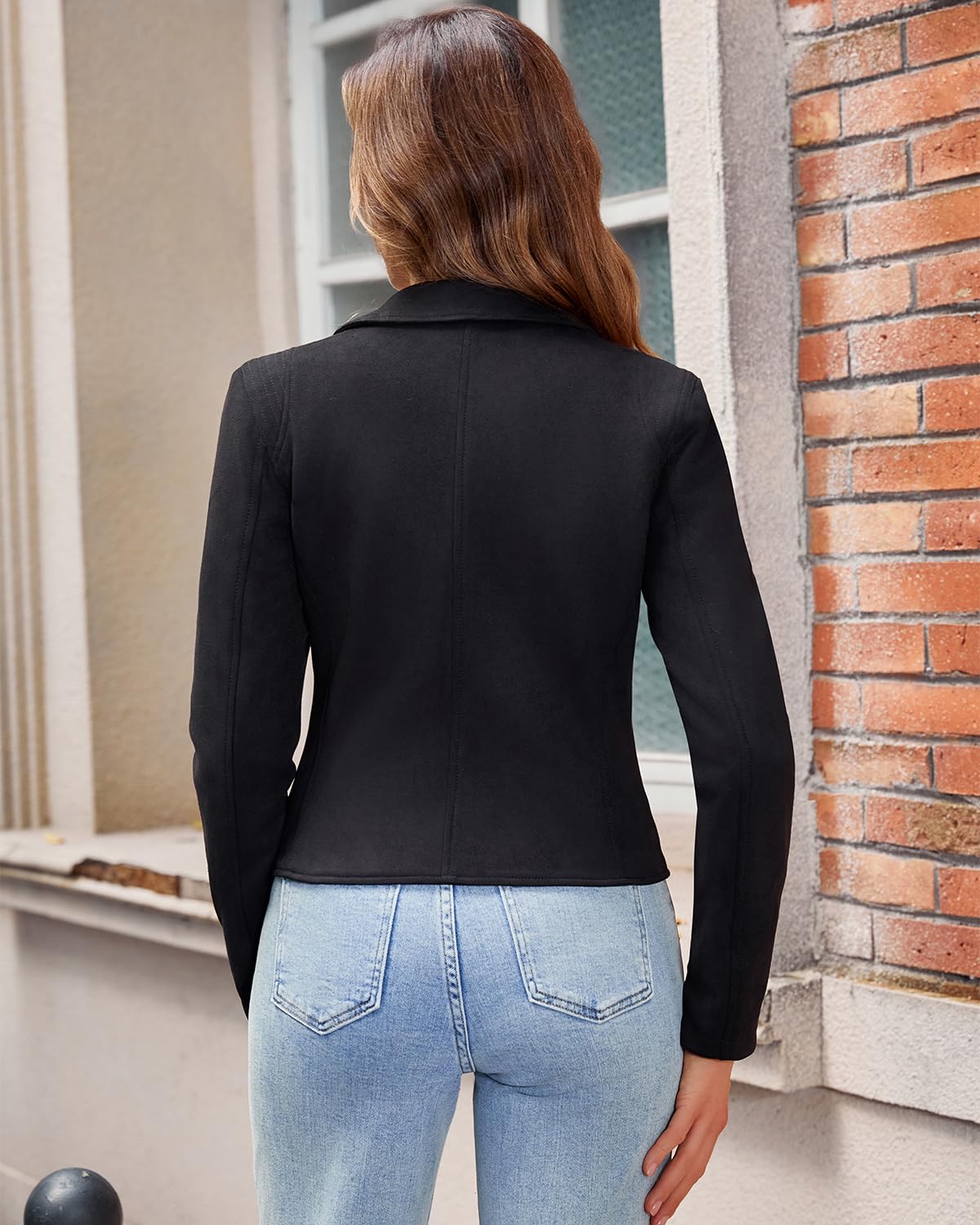DIASHINY Women Faux Suede Jacket Cropped Leather Moto Biker Coat Slim Zip Up Motorcycle Outwear Black L