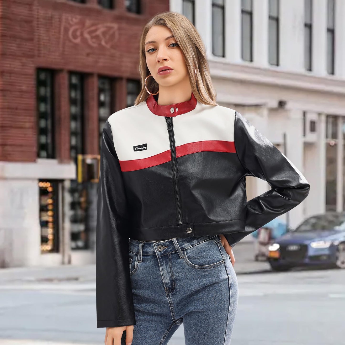 shamofeng Women Cropped Faux Leather Jacket Moto Biker Bomber Jackets Zip Up Motorcycle Coats