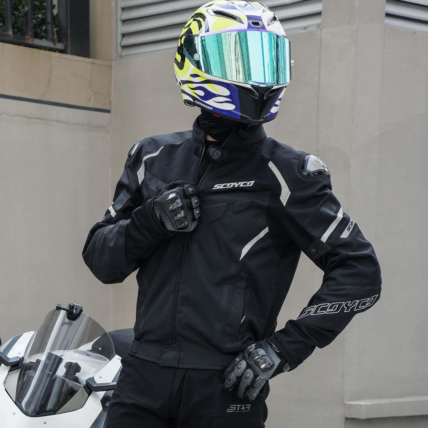 Scoyco Motorcycle Jacket Men, CE Level 1 Breathable Mesh Motorcycle Riding Jacket with 7 PCS Protective Armored - Black