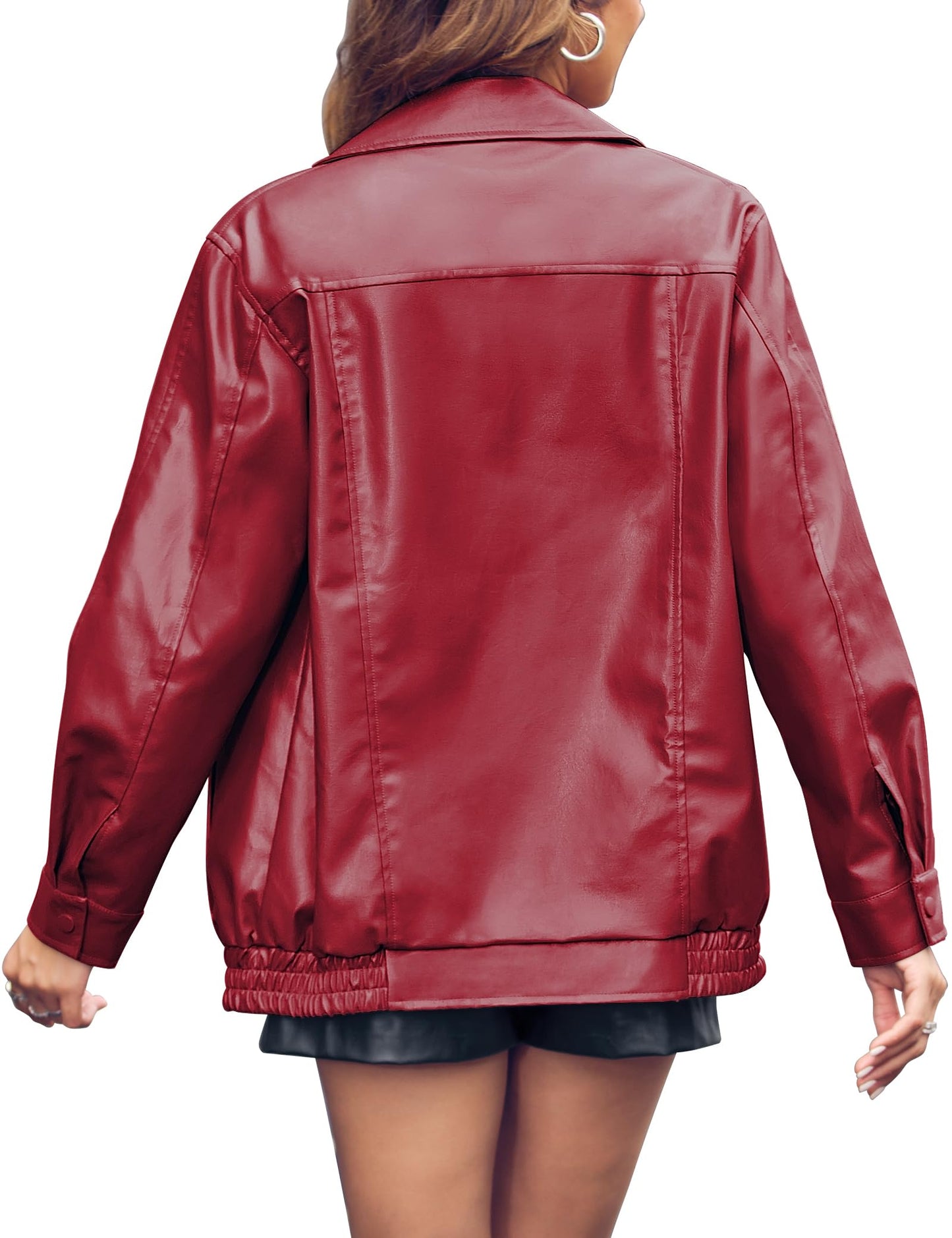 Miladusa Leather Blazer for Women Faux Motorcycle Plus Size Lapel Moto Biker Fall Winter Fashionable Coat Dark Red S