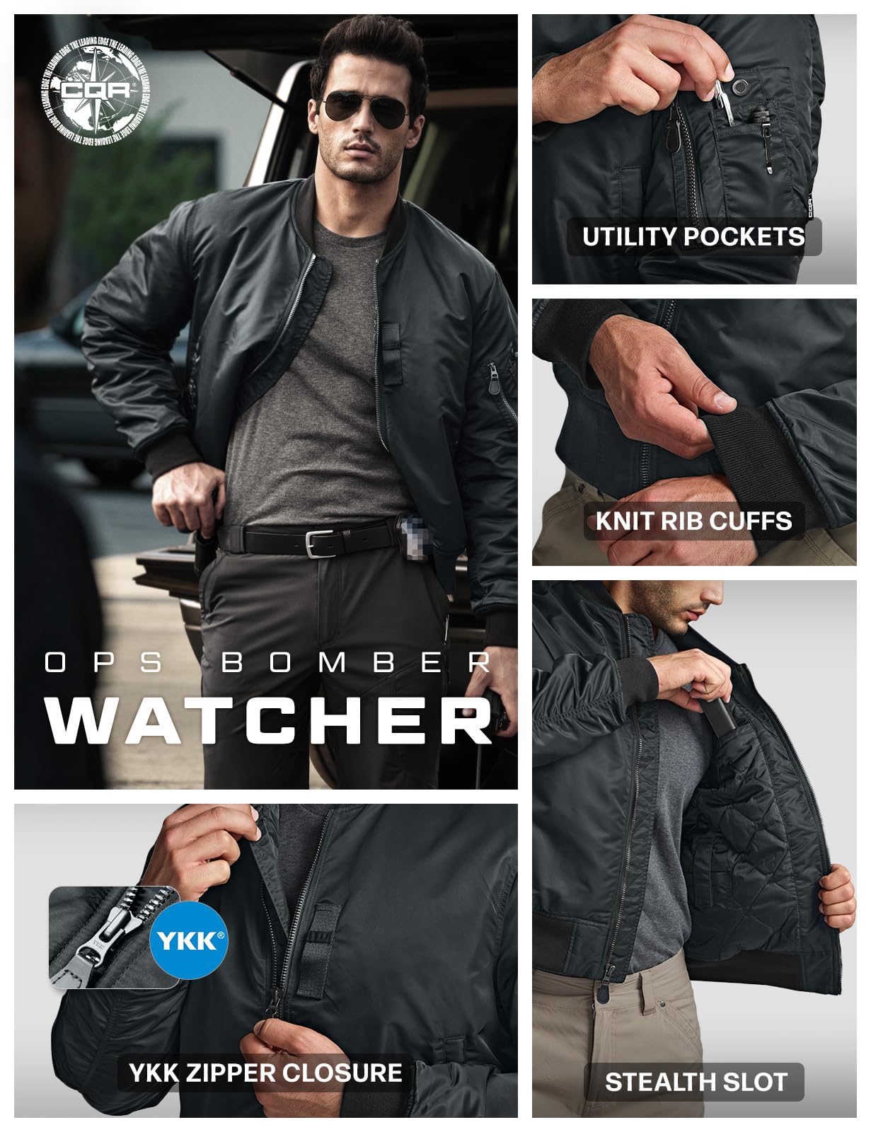 CQR Men's Casual Bomber Jacket, Outdoor Fall/Winter Zip-Up Windbreaker, Water Resistant Padded MA-1 Flight Jacket with Pocket, Watcher Carbon Grey, Medium