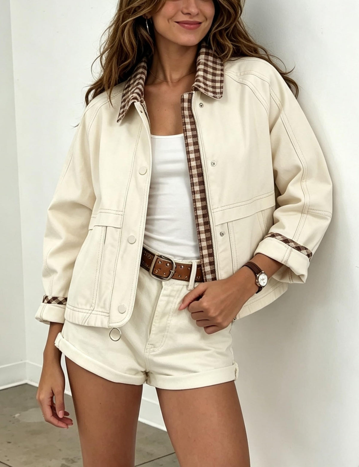 Aimiray Women's Barn Cropped Jackets Casual Plaid Bomber Coat(Beige-L)