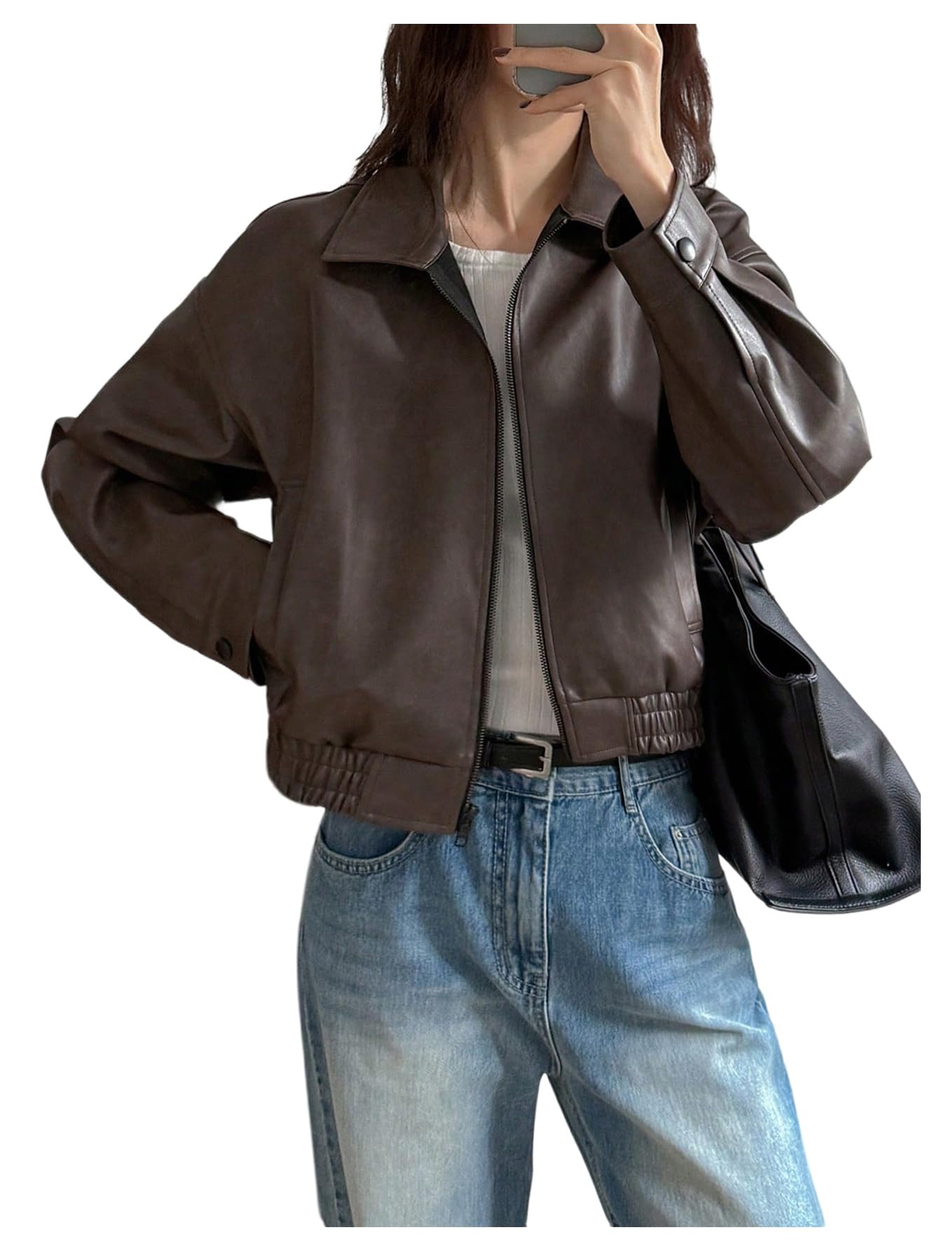 Milumia Women's Faux Leather Zip Up Jacket Vintage Collared Long Sleeve Motorcycle Jackets Brown Small