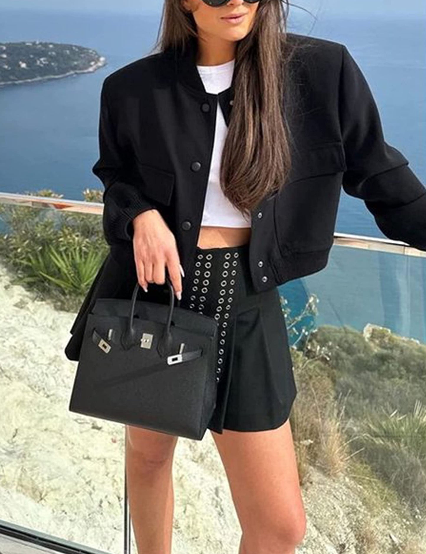 Megfie Womens Cropped Bomber Jacket Button Down Varsity Jackets Shackets with Pockets(0394-Black-M)