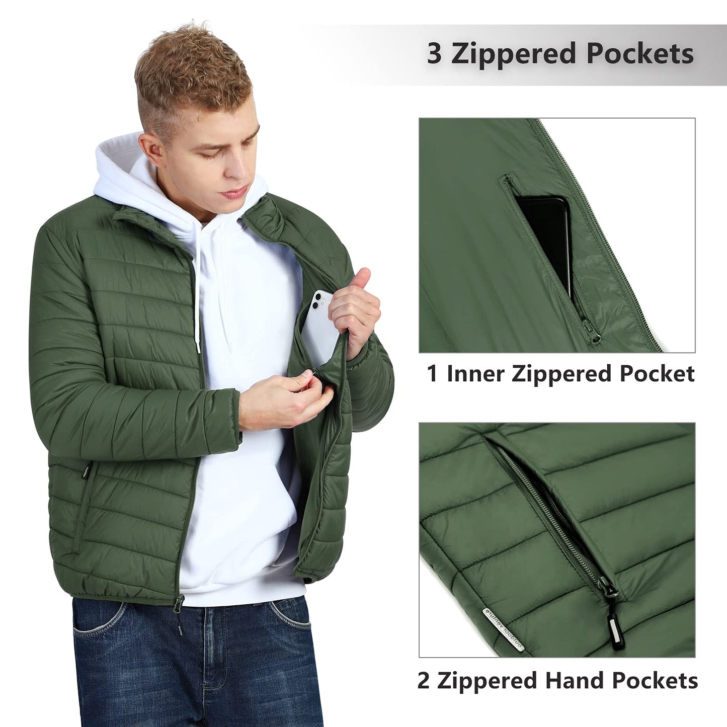 Outdoor Ventures Men's Lightweight Packable Puffer Winter Jacket Insulated Puffy Coat for Snow Ski Hiking Travel