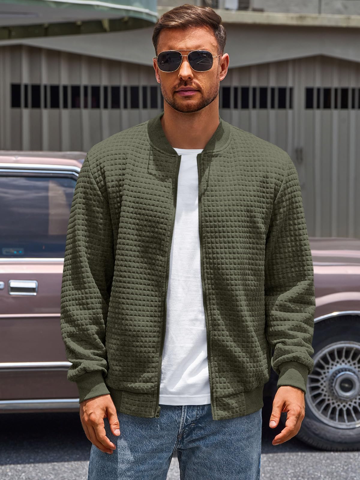 Runcati Mens Bomber Jacket Casual Lightweight Varsity Jackets Waffle Coat