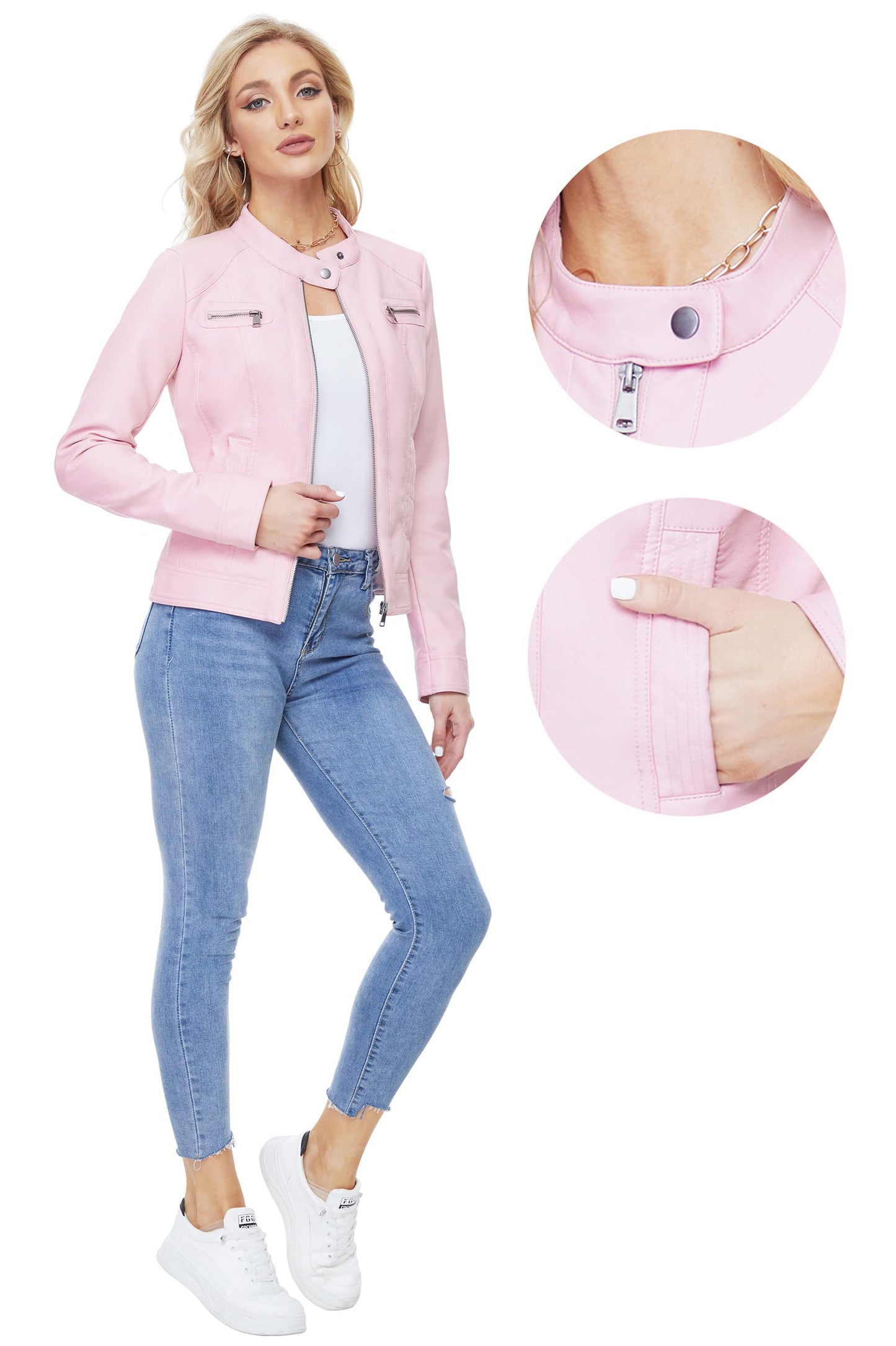 Fahsyee Women's Faux Leather Jackets, Zip Up Motorcycle Short PU Moto Biker Outwear Fitted Slim Coat Size S Pink
