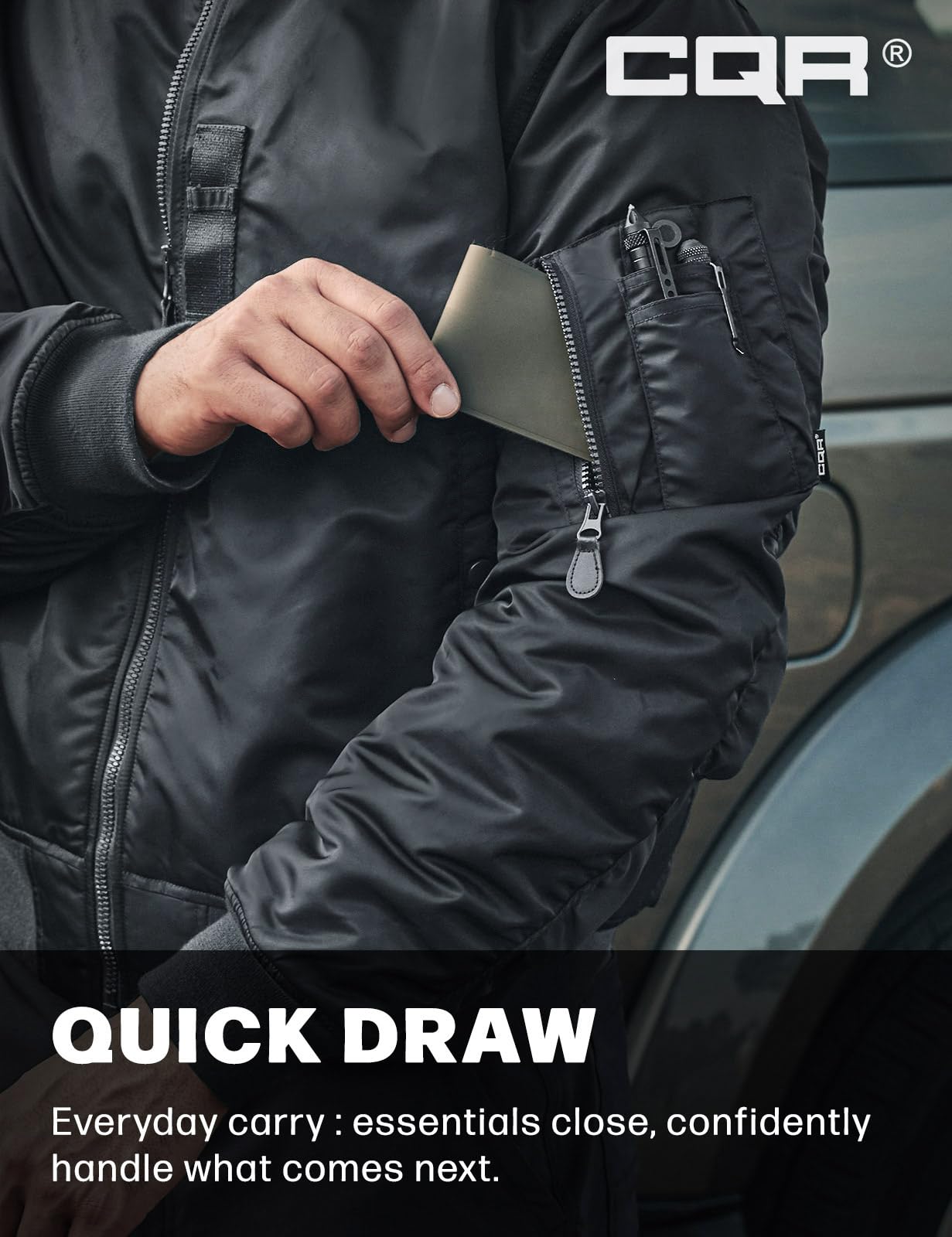 CQR Men's Casual Bomber Jacket, Outdoor Fall/Winter Zip-Up Windbreaker, Water Resistant Padded MA-1 Flight Jacket with Pocket, Watcher Carbon Grey, Large